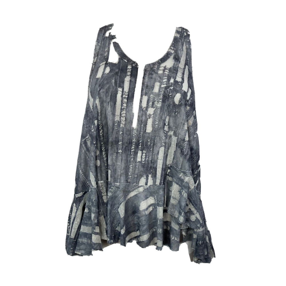 Fab'Rik Tank Top Womens Sz S Blue Gray Burn Out Cotton Textured Ruffle Bottom